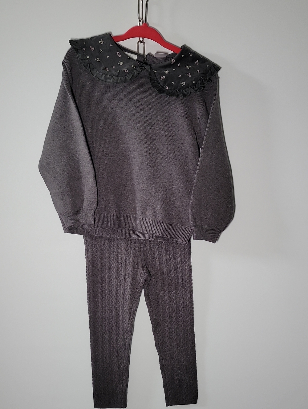 Zara Charcoal Knit Two-Piece Pajama Set with Ruffled Floral Collar